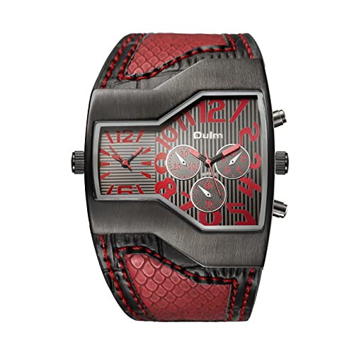 JewelryWe Herrenuhren Analog Quarz Zwei Zeitzonen Armbanduhr Rot Breit Leder Armband Sportuhr Männer Uhren mit Digital Zifferblatt Geschenk von JewelryWe