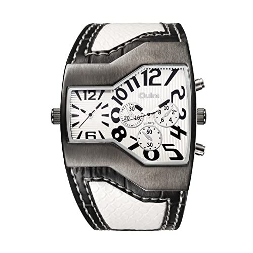 JewelryWe Herrenuhren Analog Quarz Zwei Zeitzonen Armbanduhr Weiß Breit Leder Armband Sportuhr Männer Uhren mit Digital Zifferblatt Geschenk von JewelryWe