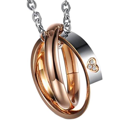JewelryWe Herz Kette Damen Ringe: Edelstahl Halskette mit 2 Ringe Verriegelung Anhänger Partnerkette Freundschaftskette Gravur Geschenk für Frauen Rosegold Silber von JewelryWe