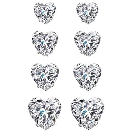 JewelryWe Herz Magnet Ohrringe für Damen: 4 Paar Set 5-8mm Herzförmig Zirkonia Edelstahl Magnetische Ohrstecker Magnetohrringe Non-Piercing Fake Plug Tunnel Ohrclips Ohne Loch Silber von JewelryWe