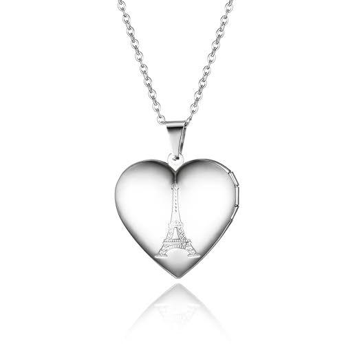 JewelryWe Herz Medaillon Halskette für Damen: Silber Edelstahl Eiffelturm Herzförmig Foto Bilder Amulett zum Öffnen Anhänger Kette mit Gravur Geschenk für Frauen Mutter Tochter von JewelryWe