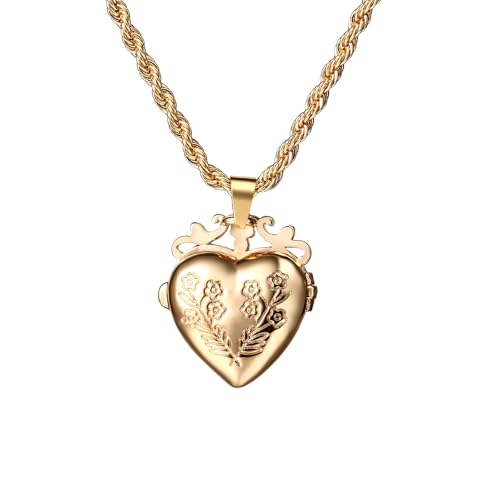 JewelryWe Herz Medaillon Kette Gold: Vergoldet Herzförmige Medaillon zum Öffnen für Bilder Foto Anhänger mit Blumenmuster Damen Halskette Aufklappbar Geschenk für Frau Mutter Tochter von JewelryWe