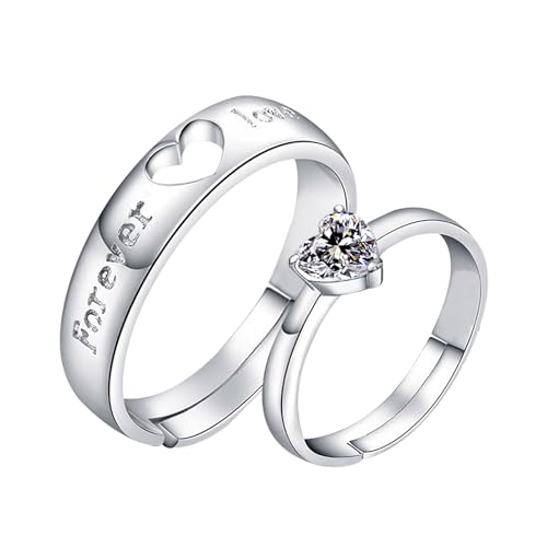 JewelryWe Herz Paar Ringe Verlobungsringe: Forever Love Edelstahl Zirkonia Herz Offen Verstellbare Partnerringe Freundschaftsringe Eheringe Hochzeit Band Pärchen Ring für Damen Herren Silber von JewelryWe