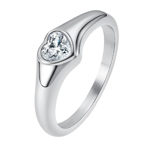 JewelryWe Herz Ring Damen Verlobungsring: Edelstahl Damen-Ring mit Herzförmig Zirkonia Frauen Eheringe Trauringe Herz Minimalistisch Ring für Versprechen Engagement Hochzeit Silber Größe 62 von JewelryWe