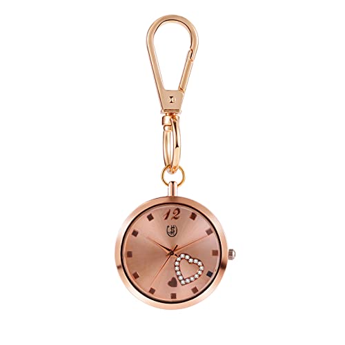 JewelryWe Herz Uhr mit Karabiner Schlüsselanhänger: Damen Karabineruhr Glitzer Strass Herz Analog Quarz Taschenuhr mit Rosegold Rundem Gehäuse und Rosa Zifferblatt von JewelryWe