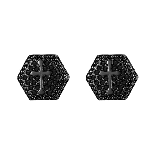 JewelryWe Hexagon Ohrstecker Kreuz Ohrringe: Schwarz Hip Hop Geometrische Sechseck Ohrstecker Ohr-Piercings mit Cubic Zirkonia Glitzer Gestüt Ohrringe für Damen Herren von JewelryWe