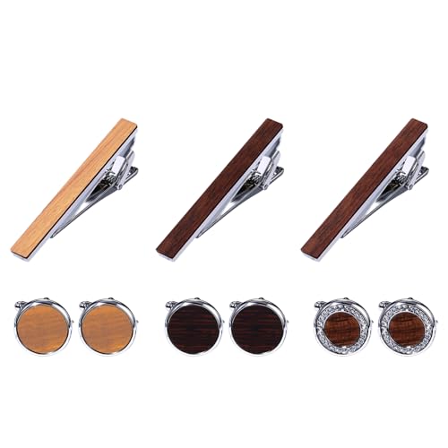 JewelryWe Holz Krawattenklammer und Manschettenknöpfe für Herren: 9 Stück Edles Holz-Metall Krawattennadel Cufflinks Set Business Hochzeit Anzug Accessoires Geschenk für Vater Ehemann Freund von JewelryWe