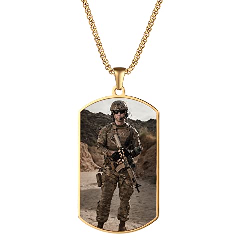 JewelryWe Hundemarke Halskette mit Foto & Gravur: Personalisiert Edelstahl Dog Tag Erkennungsmarke Anhänger Kette mit Bild und Text - Personalisiertes Geschenk für Herren Männer Gold von JewelryWe