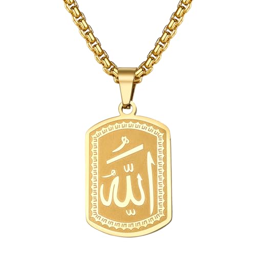 JewelryWe Islamische Allah Halskette Gold: 18K Vergoldet Edelstahl Islam Kette Arabische Kalligraphie Erkennungsmarke Anhänger Muslimische Religiöser Schmuck Muslim Geschenk für Herren Damen von JewelryWe