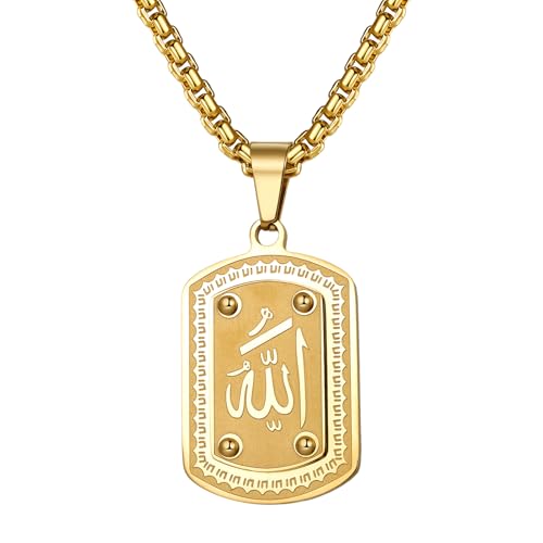 JewelryWe Islamische Allah Halskette Gold: 18K Vergoldet Edelstahl Islam Kette Arabische Kalligraphie Erkennungsmarke Anhänger mit 4 Kugeln Muslimische Religiöser Schmuck Geschenk für Herren Damen von JewelryWe