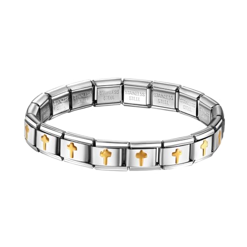 JewelryWe Italian Charms Bracelet für Damen: 9mm Gold Kreuz Abnehmbar Module für Italienische Charm Armbänder Silber Edelstahl Elastisch Armband mit 18 Gliedern Italian Style Charms Schmuck von JewelryWe