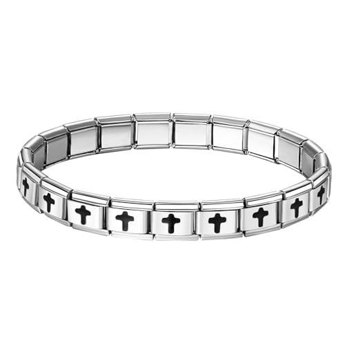 JewelryWe Italian Charms Bracelet für Herren: 9mm Schwarz Kreuz Abnehmbar Module für Italienische Charm Armbänder Silber Edelstahl Elastisch Armband mit 22 Gliedern Italian Style Charms Schmuck JewelryWe Italian Charms Bracelet für Herren: 9mm Schwarz Kreuz Abnehmbar Module für Italienische Charm Armbänder Silber Edelstahl Elastisch Armband mit 22 Gliedern Italian Style Charms Schmuck von JewelryWe