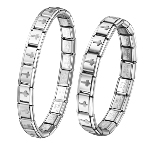 JewelryWe Italian Charms Bracelet für Paare: 2pcs 9mm Silber Kreuz Abnehmbar Module für Italienische Charm Armbänder Edelstahl Elastisch Freundschaft Partner Armband Italian Style Charms von JewelryWe