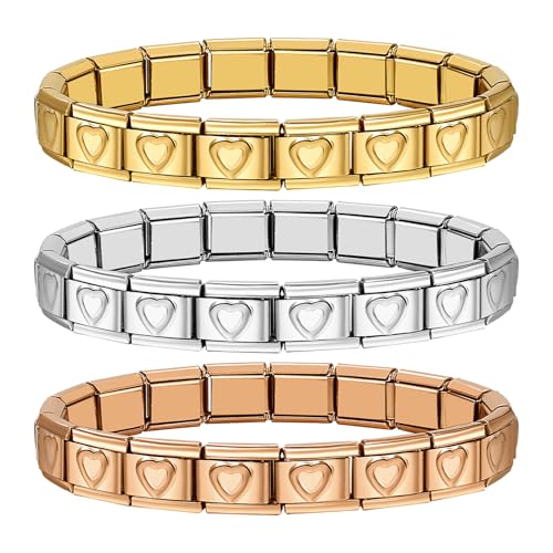 JewelryWe Italian Charms Bracelet mit Herzen: 3 Stück 9mm DIY Abnehmbar Module für Italienische Armbänder Edelstahl Gliederarmband Modular Nomination Armband Italian Style Charms für Damen von JewelryWe
