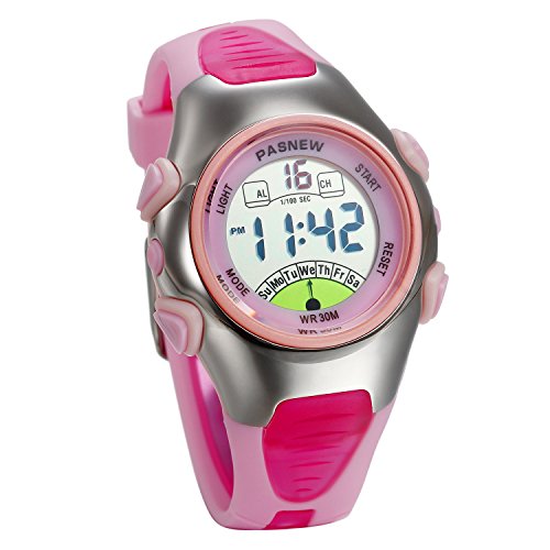 JewelryWe Junge Mädchen Kinder Armbanduhr, 30M Wasserdicht 12 H Multifunktion Digital Uhr Sportuhr mit LED Licht/Alarm Stoppuhr/Datum und Tag Silikon Armband Pink von JewelryWe