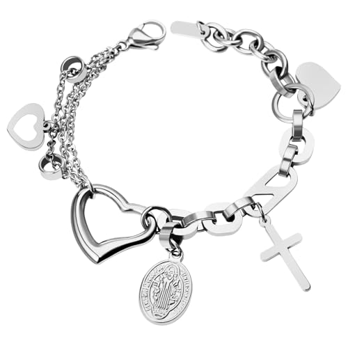 JewelryWe Jungfrau Maria Armband Damen: Silber Edelstahl Asymmetrisch Mehrschichtig Armkette Kettenarmband mit Herz Kreuz Mutter Mary Medaille Anhänger Religiöses Rosenkranz Armband Schmuck Frauen von JewelryWe