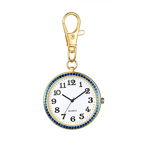 JewelryWe Karabiner Taschenuhr mit Gravur Quarz Analog Uhr Strass Quarzuhr mit Schlüsselanhänger für Ärzte Krankenschwestern Sanitäter Köche Gold Blau von JewelryWe