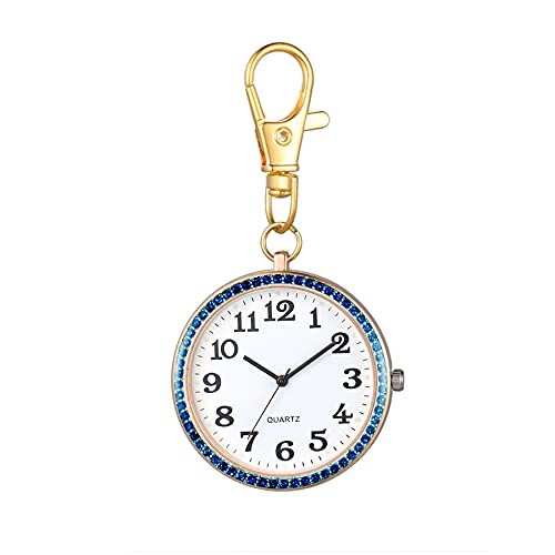 JewelryWe Karabiner Taschenuhr mit Gravur Quarz Analog Uhr Strass Quarzuhr mit Schlüsselanhänger für Ärzte Krankenschwestern Sanitäter Köche Gold Blau von JewelryWe