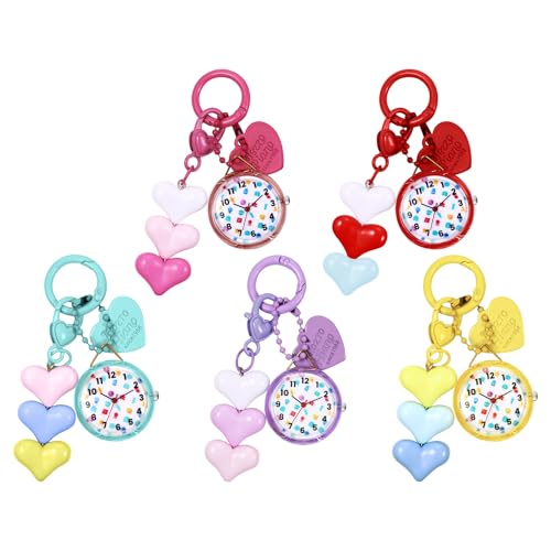 JewelryWe Karabineruhr Kinder Taschenuhr mit Karabiner: 5 Stück Analog Quarz Uhr mit Herz Anhänger Schlüsselanhänger Outdoor Sport Clip auf Uhr für Mädchen Jugendliche und Studenten von JewelryWe