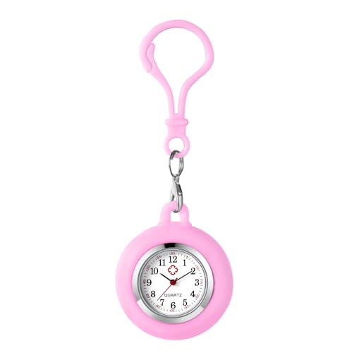 JewelryWe Karabineruhr Silikon Taschenuhr mit Karabiner: Damen Analog Quarz Karabiner Uhr mit Rosa abnehmbarem Silikon Hülle Frauen FOB Clip auf Uhr für Ärzte Krankenschwestern von JewelryWe