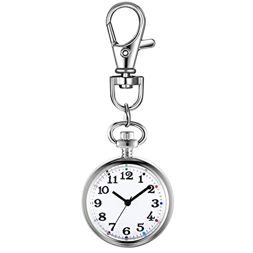 JewelryWe Karabineruhr Taschenuhr mit Karabiner Schlüsselanhänger FOB Clip-on Quarzuhr Analog Uhr für Ärzte Krankenschwestern Sanitäter Köche Sport Unisex Silber von JewelryWe