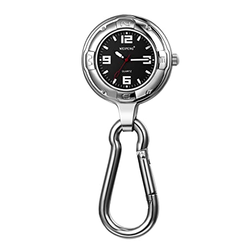 JewelryWe Karabineruhr Taschenuhr mit Karabiner Schlüsselanhänger große Schnalle Analog Quarz Uhr für Ärzte Krankenschwestern Sanitäter Köche Schwarz von JewelryWe
