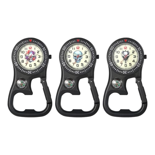 JewelryWe Karabineruhr Totenkopf Uhr mit Karabiner: 3pcs Halloween Gothic Schädel Leuchtende Taschenuhr mit Flaschenöffner Kompass Zwei Zeitzonen Analog Quarz Clip On Uhr für Ärzte Krankenschwestern von JewelryWe
