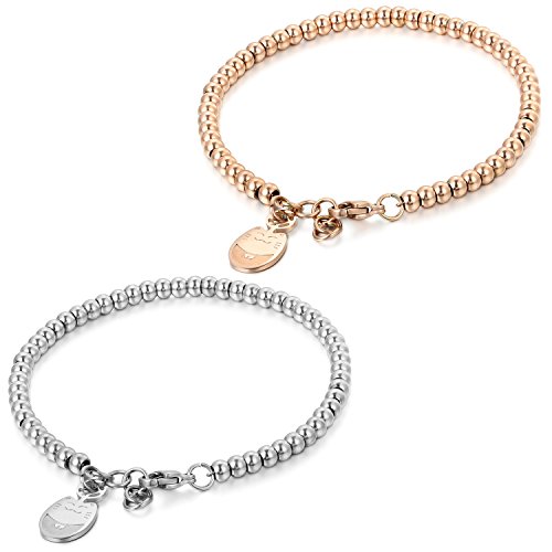 JewelryWe Katze Armband Perlenarmband Damen: 2 Stück Edelstahl Charme Perlen Armband Verstellbar Handgelenk Kugel Perlenkette Armreif mit Lucky Cat Glückskatze Anhänger Geschenk für Frau Mädchen von JewelryWe