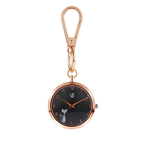 JewelryWe Katze Uhr mit Karabiner Schlüsselanhänger: Damen Karabineruhr süße Cartoon Katze Analog Quarz Taschenuhr mit Schwarz Rundem Zifferblatt und Rosegold Gehäuse von JewelryWe