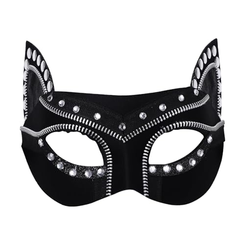JewelryWe Katzenmaske Maskerade Maske Damen: Schwarz Katze Venezianische Maske mit Strass Reißverschluss Nieten Steampunk Tier Halbgesicht Kostümmaske Augenmaske für Halloween Karneval Party Cosplay von JewelryWe