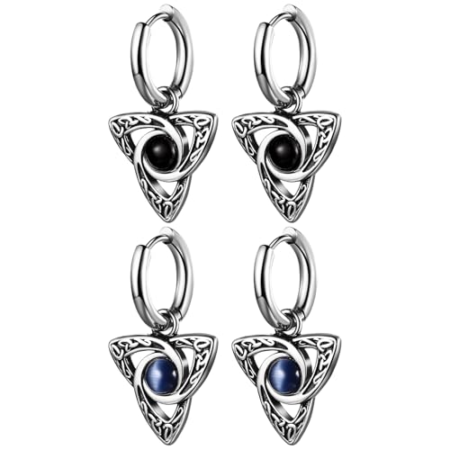 JewelryWe Keltische Knoten Creolen Ohrringe: 2 Paar Silber Edelstahl Huggie Creolen mit Irisch Triquetra Trinity Keltischen Knoten Anhänger Tropfen Ohrringe Gothic Hip Hop Ohrschmuck für Damen Männer von JewelryWe