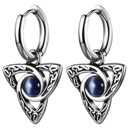 JewelryWe Keltische Knoten Creolen Ohrringe: Silber Edelstahl Huggie Creolen mit Baumeln Irisch Triquetra Trinity Keltischen Knoten & Blau Perlen Tropfen Ohrringe Gothic Ohrschmuck für Damen Männer von JewelryWe