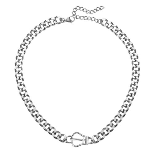 JewelryWe Kubanische Kette Damen Halskette: Silber Edelstahl Chunky Flache Panzerkette Choker mit Krone Schnalle Design Retro Punk Dicke Kragen Halskette Geschenk für Frauen Mäddchen von JewelryWe