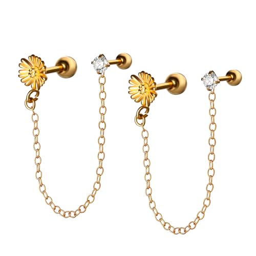 JewelryWe Kette Ohrstecker Ohrringe Damen: Gold Edelstahl Doppel Piercing Ohrstecker mit Blume Zirkonia Quaste Goldkette Knorpel Tragus Helix Ohrpiercing Baumeln Tropfen Ohrringe für Zwei Ohrlöcher von JewelryWe