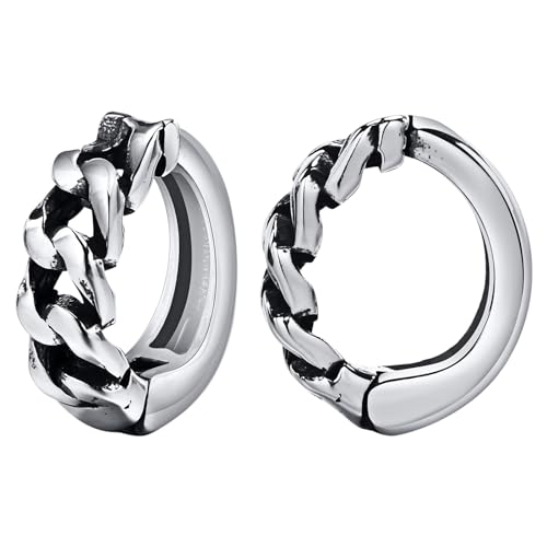 JewelryWe Kettenoptik Ohrringe Creolen für Herren: Vintage Punk Panzerkette Kette Form Non-Piercing Clip-On Ohrringe Creolen Ohrclips Fake Ohrstecker Ohne Loch Silber von JewelryWe
