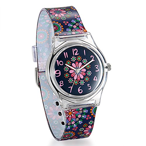 JewelryWe Kinder Armbanduhr, Silikon Armband, Bunte Blumen Floral Design, Japanisches Quarzwerk, 30M Wasserdicht, schwarzes Digital Zifferblatt, Analog Uhr für Jungen Mädchen von JewelryWe