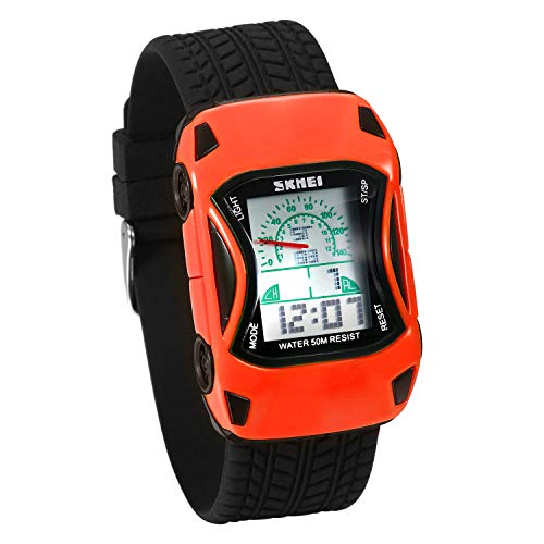 JewelryWe Kinder Armbanduhr Sportuhr 50m wasserdicht einzigartie Auto Motiv Digital Uhr Stoppuhr mit Zwei Zeitzonen, Alarm und Kalender von JewelryWe