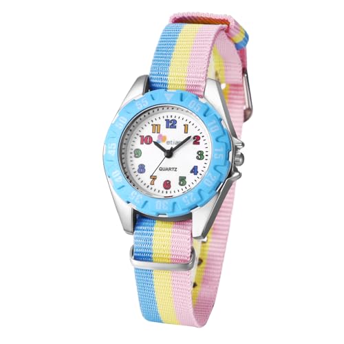 JewelryWe Kinder Armbanduhr für Jungen Mädchen: Regenbogen LGBT Gay & Lesbian Pride Kinderuhr Analog Quarz Uhr Lernuhr mit Nylon Textilarmband und Blau Lünette von JewelryWe