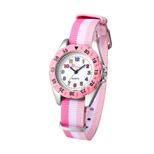 JewelryWe Kinder Armbanduhr für Jungen Mädchen: Regenbogen LGBT Gay & Lesbian Pride Kinderuhr Analog Quarz Uhr Lernuhr mit Nylon Textilarmband und Rosa Lünette von JewelryWe