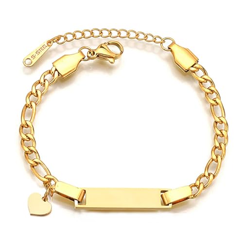 JewelryWe Kinder Baby Armband Figarokette: Gold Edelstahl Hochglanz Poliert ID Tag mit Herz Anhänger Figaro Kette Kinderarmband Babyarmband Armkette für Junge Mädchen von JewelryWe