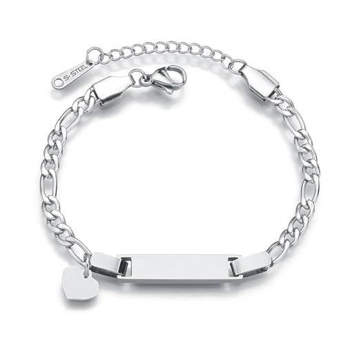 JewelryWe Kinder Baby Armband Figarokette: Silber Edelstahl Hochglanz Poliert ID Tag mit Herz Anhänger Figaro Kette Kinderarmband Babyarmband Armkette für Junge Mädchen von JewelryWe