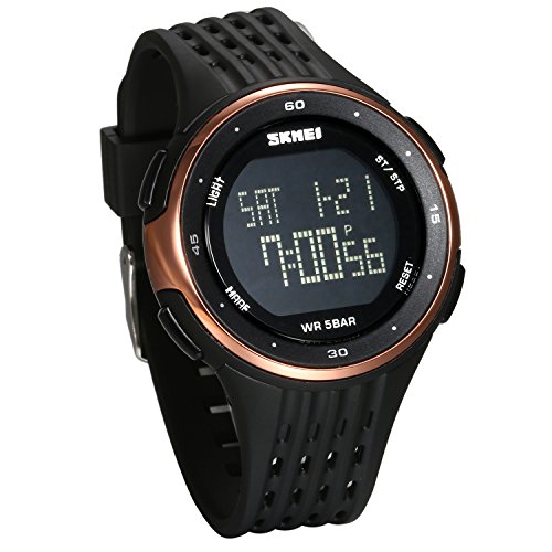 JewelryWe Kinder Digital Armbanduhr, Multifunktion 50M Wasserdicht Sport Uhren mit 2 Zeitzonen, LED Beleuchtung, Stoppuhr, Alarm, Kalender und 12 H Anzeige für Junge Mädchen, Gold Lünette von JewelryWe