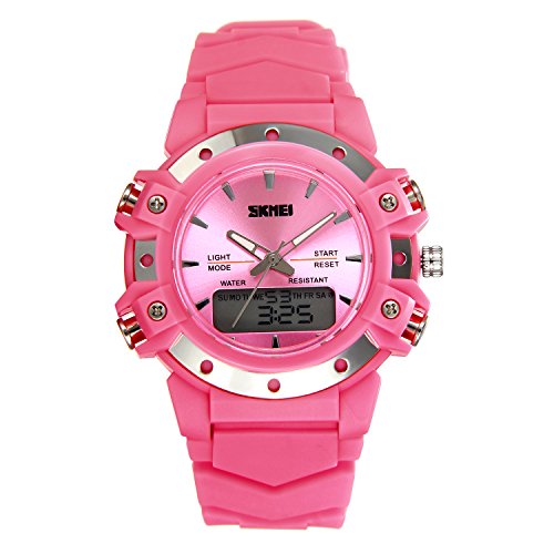 JewelryWe Kinder Studenten Armbanduhr, 50M Wasserdicht 12 H Zwei Zeitzone Digital Elektronische Uhr Sportuhr mit LED Licht, Alarm, Stoppuhr, Datum und Tag Farbe: Pink von JewelryWe