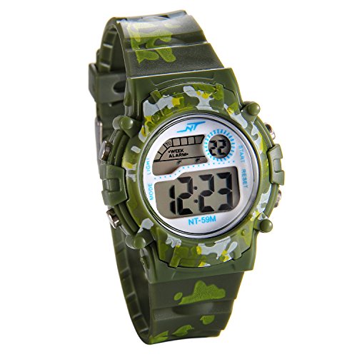 JewelryWe Kinder Studenten Armbanduhr, Multifunktions Camouflage Digital Elektronische Uhr Sportuhr mit LED Licht, Alarm, Stoppuhr, Kalender, Datum und Tag Farbe: Grün von JewelryWe