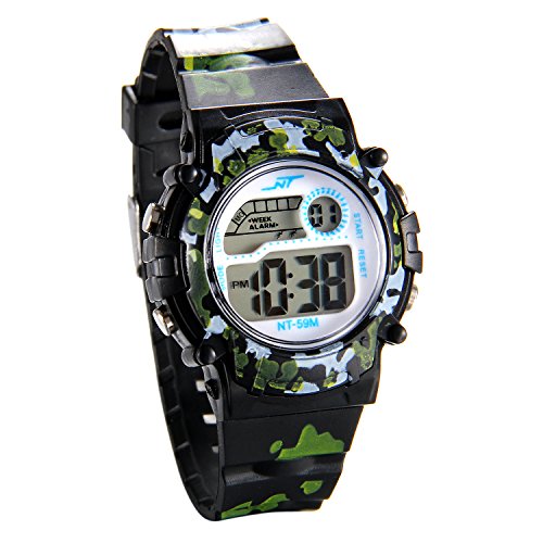 JewelryWe Kinder Studenten Armbanduhr, Multifunktions Camouflage Digital Elektronische Uhr Sportuhr mit LED Licht, Alarm, Stoppuhr, Kalender, Datum und Tag Farbe: Schwarz von JewelryWe