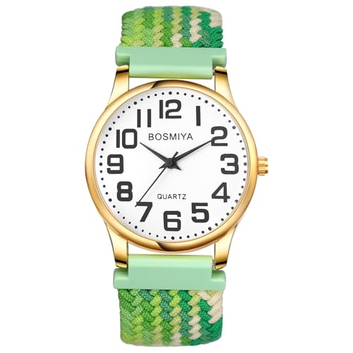JewelryWe Kinderuhr Geflochten Elastische Uhr: Einfache Analog Quarz Armbanduhr Kinder Junge Mädchen Grün Weiß Gewebt Stretcharmband Lässige Uhr mit großen Zahlen Zifferblatt & Gold Gehäuse von JewelryWe