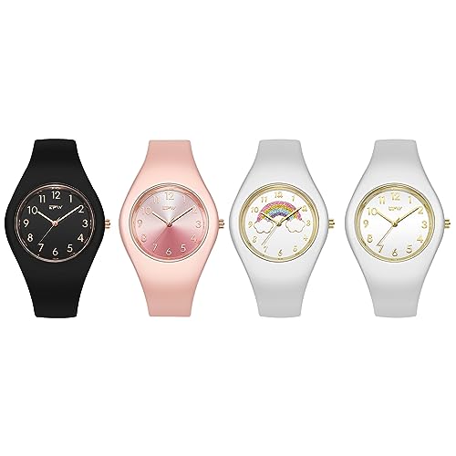 JewelryWe Kinderuhr Silikon Armbanduhr Kinder: 4 Stück Klassische 30m wasserdichte Analog Quarz Armbanduhr Junge Mädchen Silikonarmband Sport Uhr Schüleruhr mit arabischen Ziffern von JewelryWe