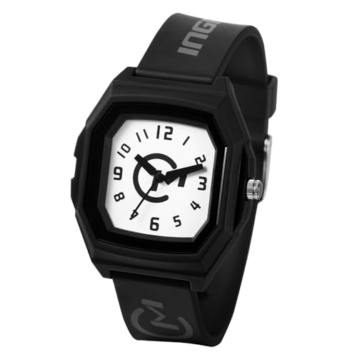 JewelryWe Kinderuhr Silikon Rechteckig Wasserdicht: Kinder Analog Quarz Armbanduhr Junge Mädchen Sport Uhr Lernuhr mit Achteckigem Zifferblatt und Schwarz Silikon Armband für Jugendliche Studenten von JewelryWe