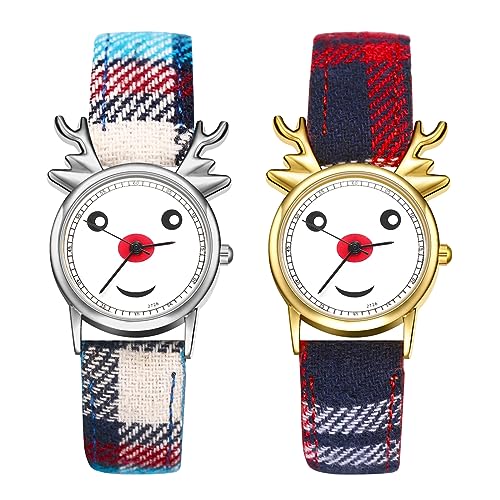 JewelryWe Kinderuhr Weihnachtsuhr Leder Hirsch - Geschenk für Junge Mädchen 2pcs Gold Silber Weihnachtshirsch Weihnachten Armbanduhr Kinder Analog Quarz Uhr mit Kariertem Leder Armband von JewelryWe
