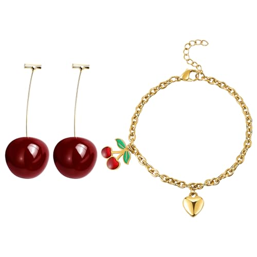 JewelryWe Kirsche Armband Ohrringe 3er Set: Gold Edelstahl Boho Kirsch Herz Armkette und Süße 3D Rote Fruchtkirsche Tropfen Ohrringe Schmuckset Leicht Hypoallergen Schmuck für Damen Mädchen von JewelryWe